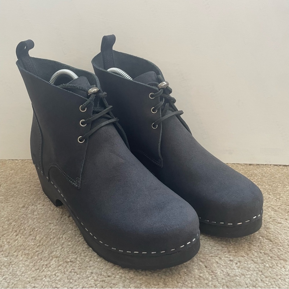 Troentorp Morris eu37 suede clog boot gray lace up size 7 7.5 wooden ankle boot